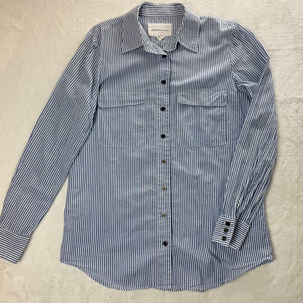 BCBGeneration 100% Cotton Striped Button Down Shirt Blue White Women's S
